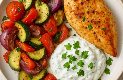 Medelhavskyckling med ugnsrostade grönsaker och tzatziki